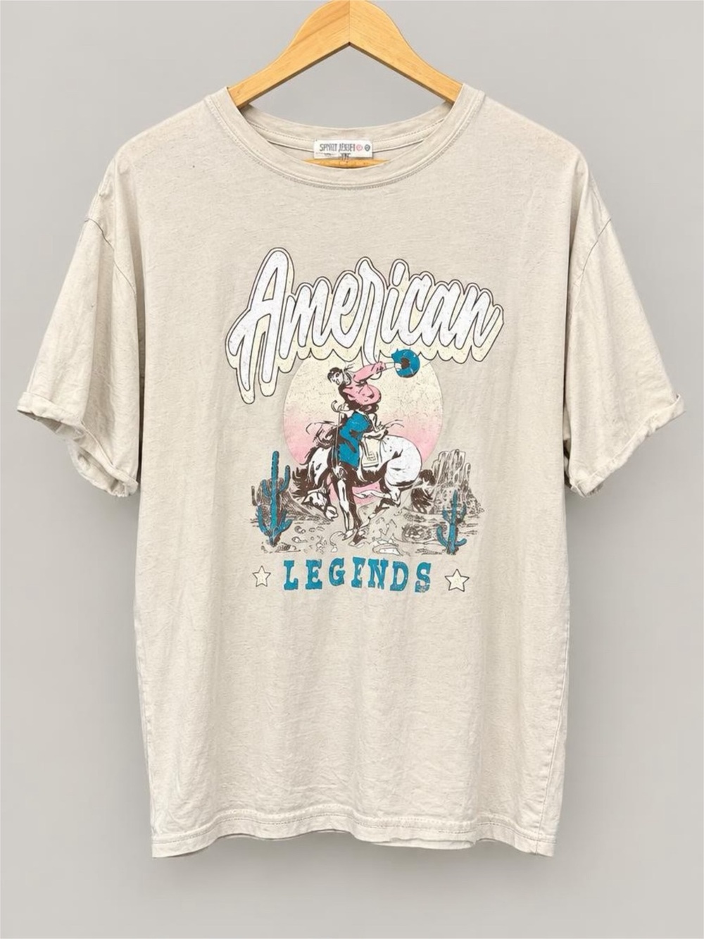 Eighty Eight Beige Western Graphic Tee with Blue & Pink Accents